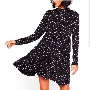 Nasty Gal, NWT, women's size 6 high neck smock mini dress, black polka dot.